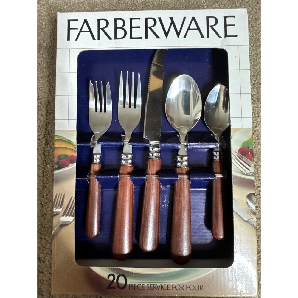 VTG Farberware Stainless Flatware Antigua Brown Faux Wood Handles NEW